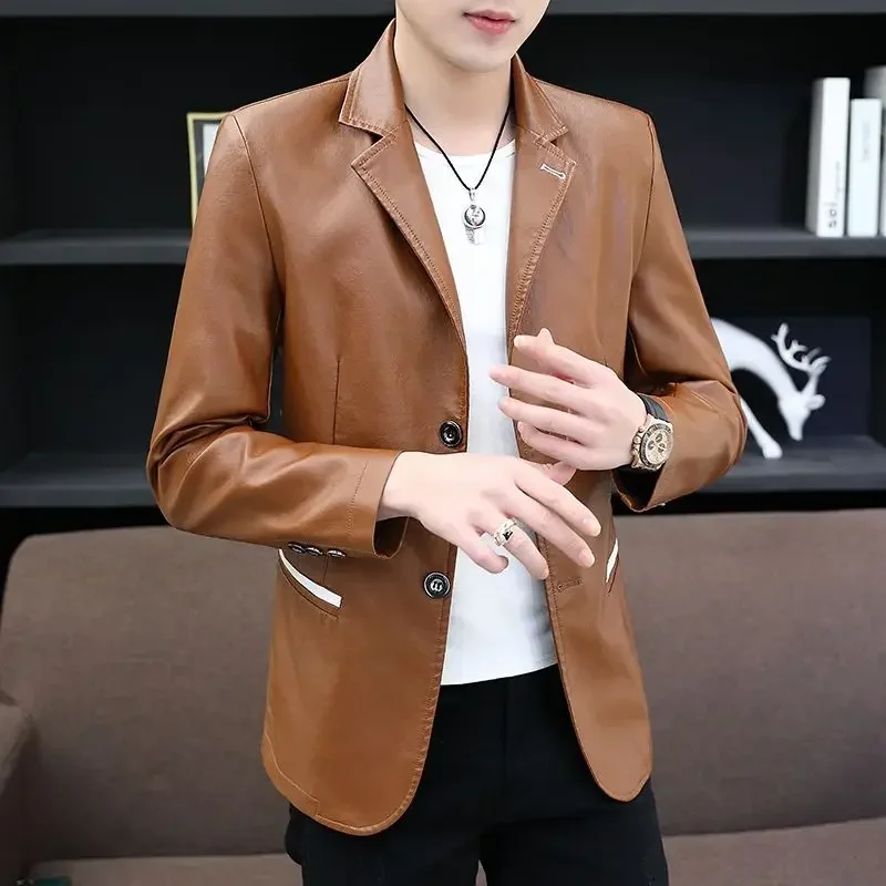 Coat Leather Male Blazer Single Breasted Men\'s Suit Jackets Thin Slim Fit High Quality New In Fashionable Korean Style Clothes