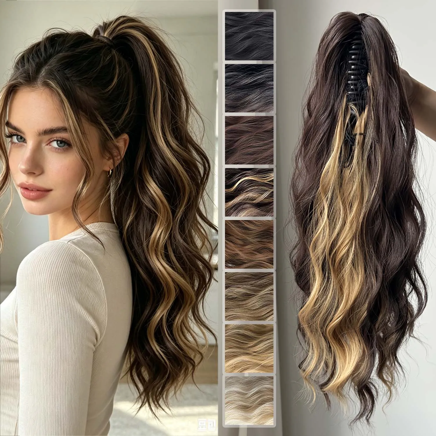 Claw Clip On Ponytail Hairpieces Synthetic 16Inch Wavy Pony Tail Hair Extensions Thick Ponytail Hairpiece for Women Daily Use