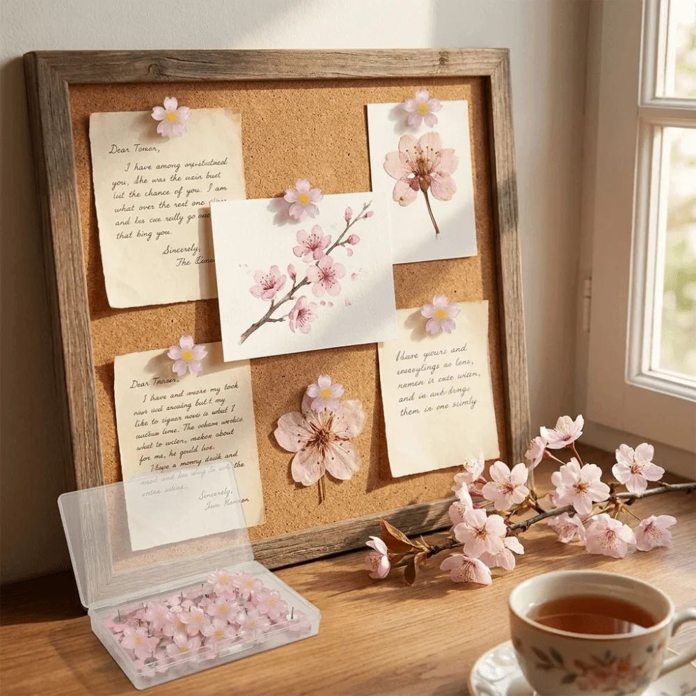 20/30pcs Cherry Blossom Shaped Flower Push Pins Durable Resin Flower Shaped Heads Cherry Blossom Thumbtacks Metal Material