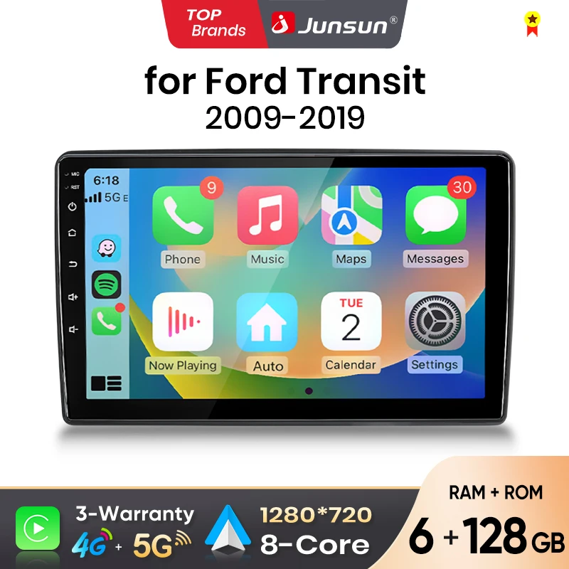 Junsun Android Auto Autoradio für Ford New Transit 2009 2010 2011 2012 2013 2014-2019 Multimedia Wireless Apple CarPlay Intelligente Systeme IPS Touchscreen Stereo Videoplayer 2 Din Autoradio Head