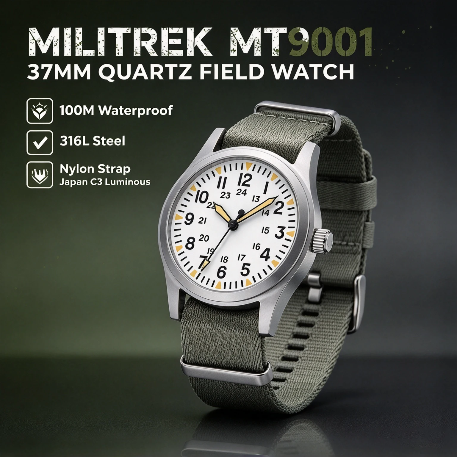 MILITREK Men Military Field Watch VH31 Sweep Second Quartz 37mm 316L 100M Waterproof C3 Green Luminous Nylon Strap Wristwatch