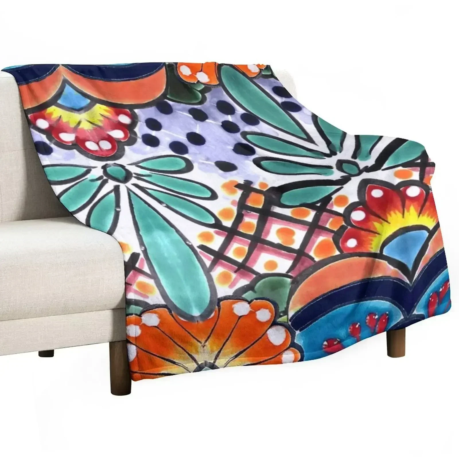

Colorful Talavera, Orange Accent, Mexican Tile Design Throw Blanket Fade Resistant Durable Throw Blanket