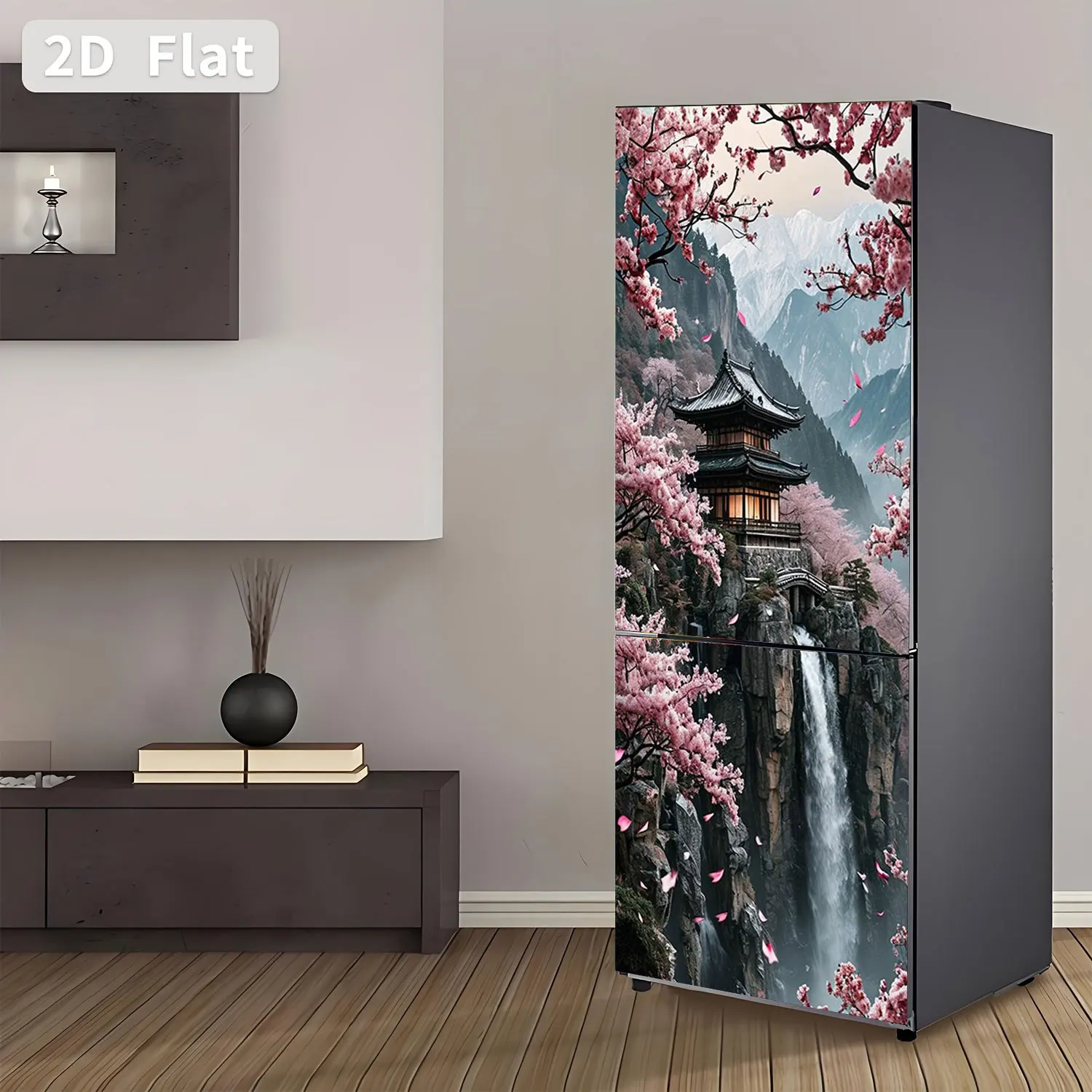 2DFlatPrinting Refrigerator Sticker 60x180cm Cherry Blossom Mountain Stream Ancient Pavilion Theme Design Wall Sticker Decorat