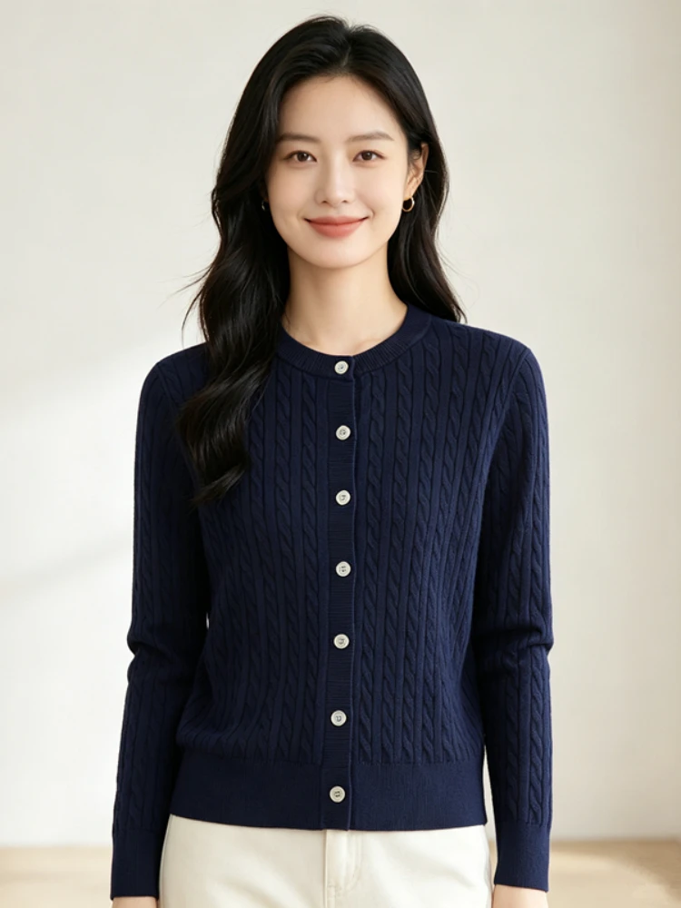 2026 Autumn Winter O-Neck Cable‑Knit Women Knit Cardigan Outerwear Loose‑Fit Figure‑Flattering Long‑Sleeve Sweater