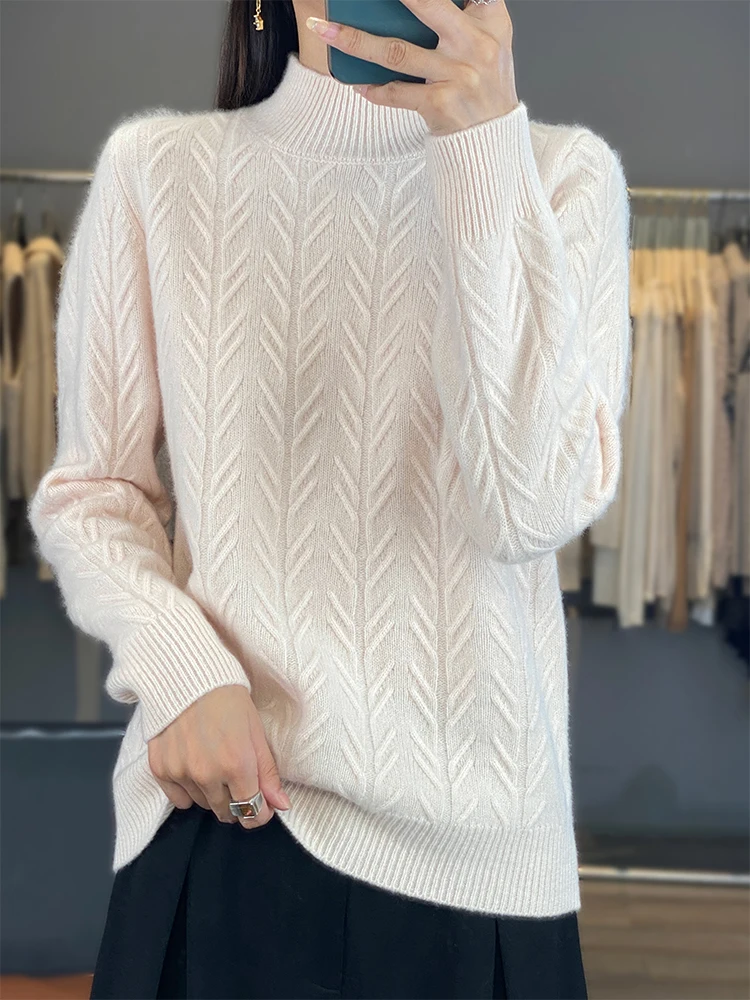 Autumn Winter 100% Merino Wool Women Mock Neck Sweater Wheat Ear Cable Knit Rib Trim Warm Loose Solid Casual Knit Pullover Top