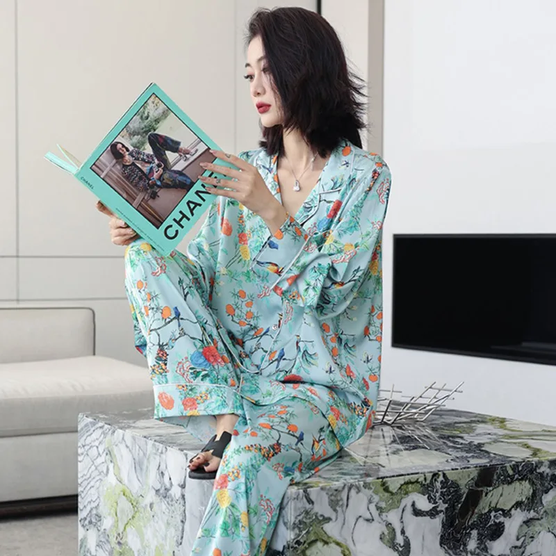 Women\'s Spring Summer Vintage French Print Pajamas Loungewear Women\'s Premium Cardigan Long Sleeve Pants Loungewear Set