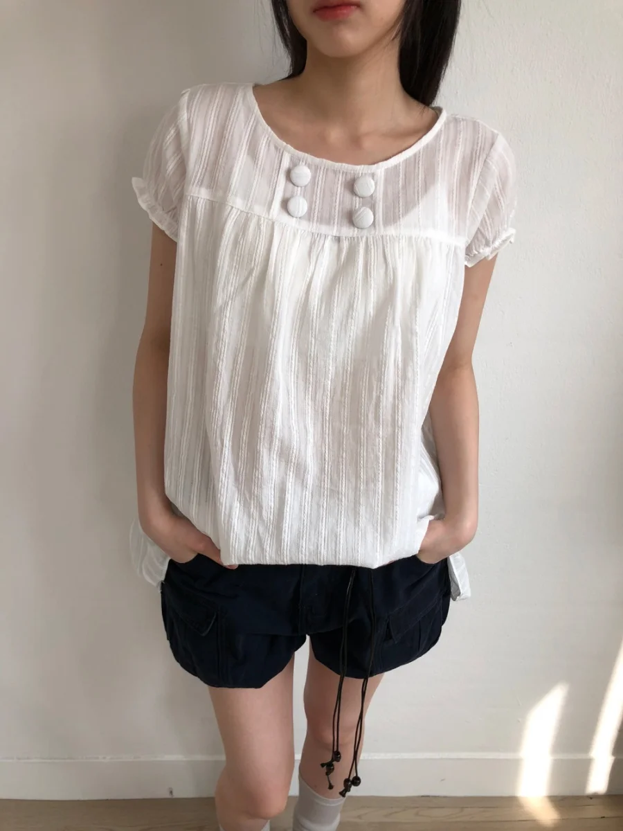Summer Japanese Vintage Casual Y2K T Shirt Women's Short Sleeve O-Neck Button Pullover Top Minimalist Elegant Chic Loose Shirt