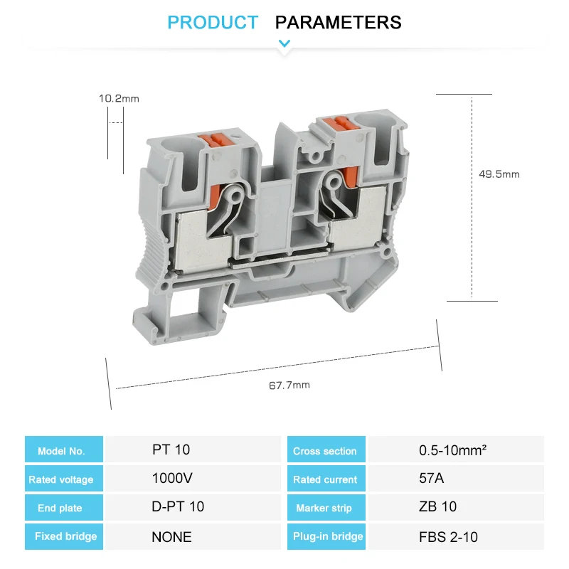 PT10 Push-in Terminal Block Din Rail Wire Electrical Connector 10mm² Spring Screwless Feed-Through Strip Plug PT-10