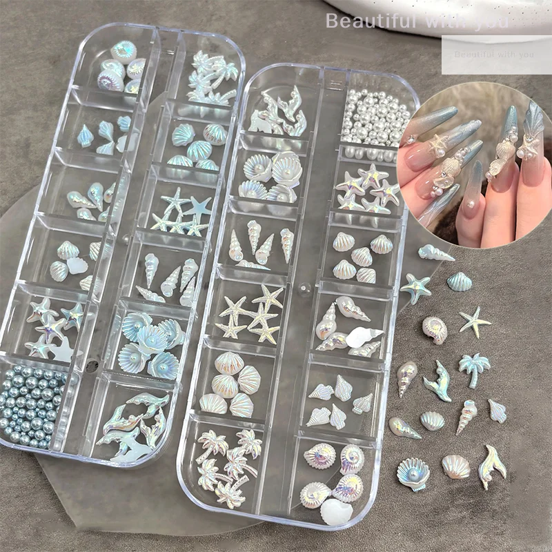 

One Box Of 12 Oceanic Aurora Nail Charms: Sea Shell, Mermaid Tail, Starfish, Perfect For 3D Art Nail