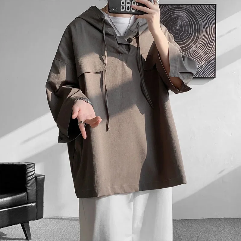 

King Illy Design Sense Niche Seven-Quarter Sleeve Men 2023Summer Hooded Short-Sleeved T-shirt Hipster Hooded T-shirt Solid Color