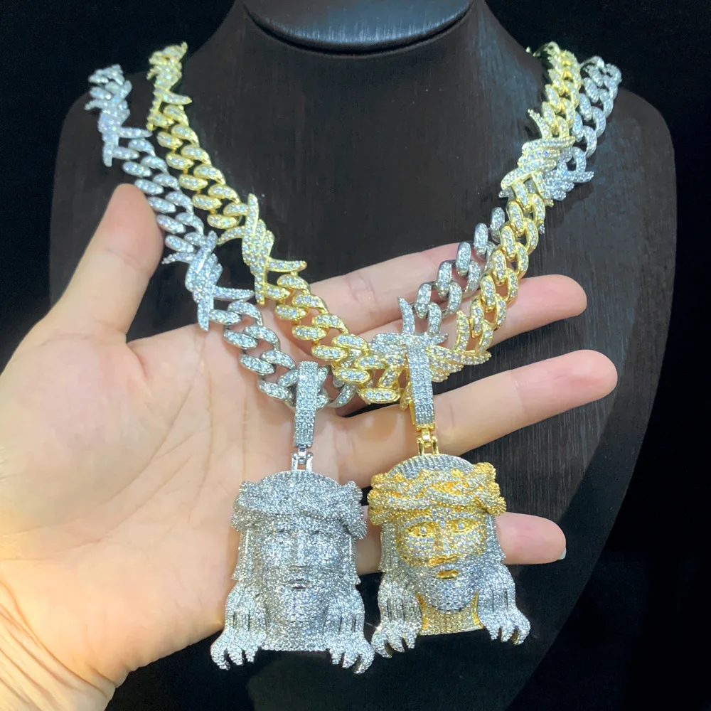 

New Hip Hop Men Boy Jewelry Full Micro Paved 5A Cubic Zirconia CZ Cool Rock Punk Jesus Piece Pendant with X Cuban Chain Necklace