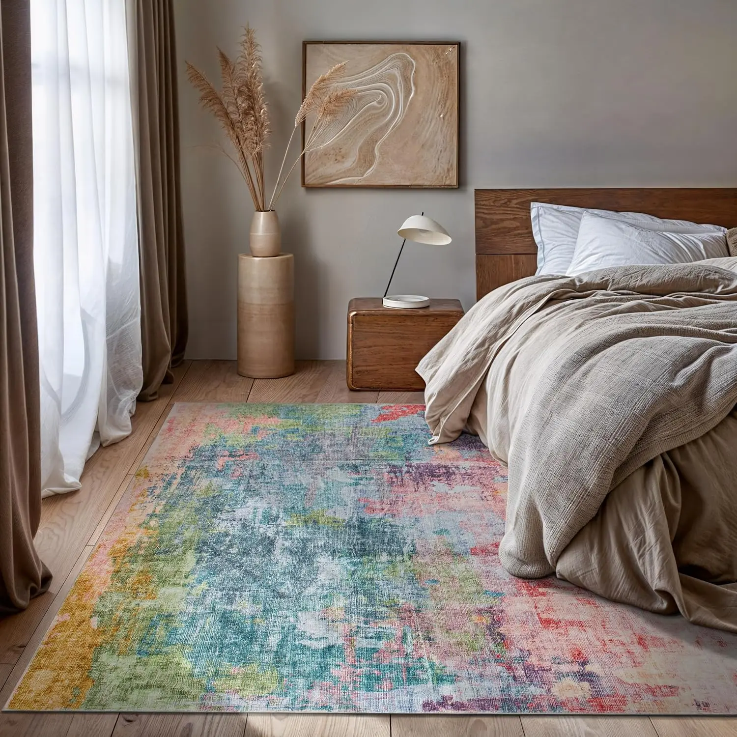 Multi Abstract Distressed Area Rug, Machine Washable Non Slip Carpet for Living Room Bedroom Home Office, Modern Decor