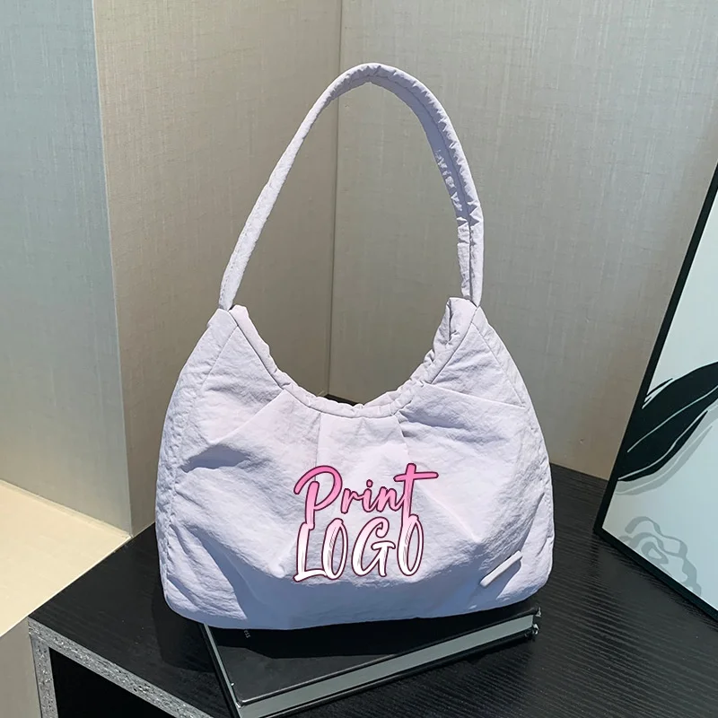 

Custom Print Logo Hobo Tote Bag, Soft Ruched Nylon Shoulder Bag for Women, Large Capacity Lightweight Casual Handbag for Daily