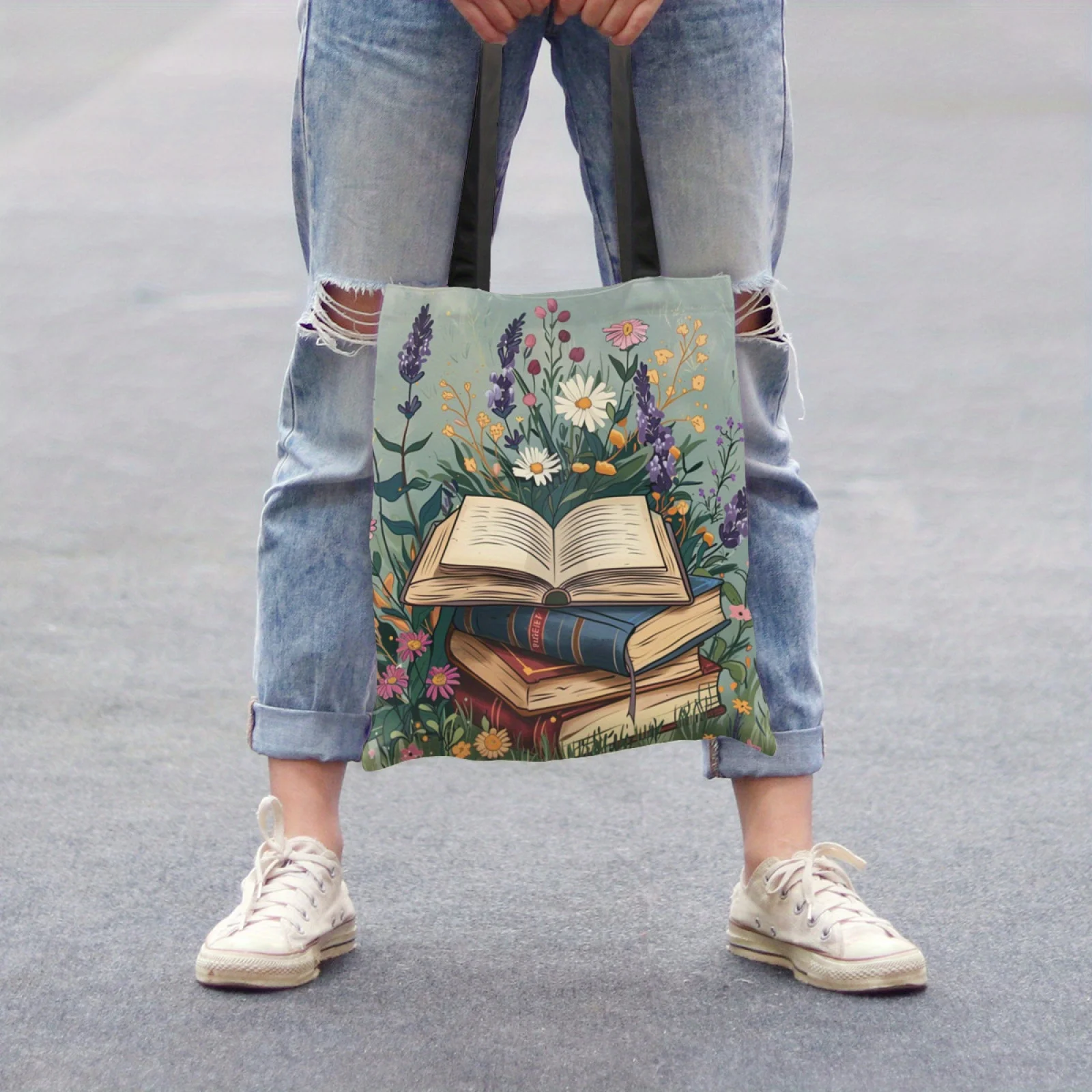 1pc Moonlit Reading Book Themed Tote Bag with Floral Design Aesthetic Reusable Shoulder Bag Portable Shopper for Women Handbag