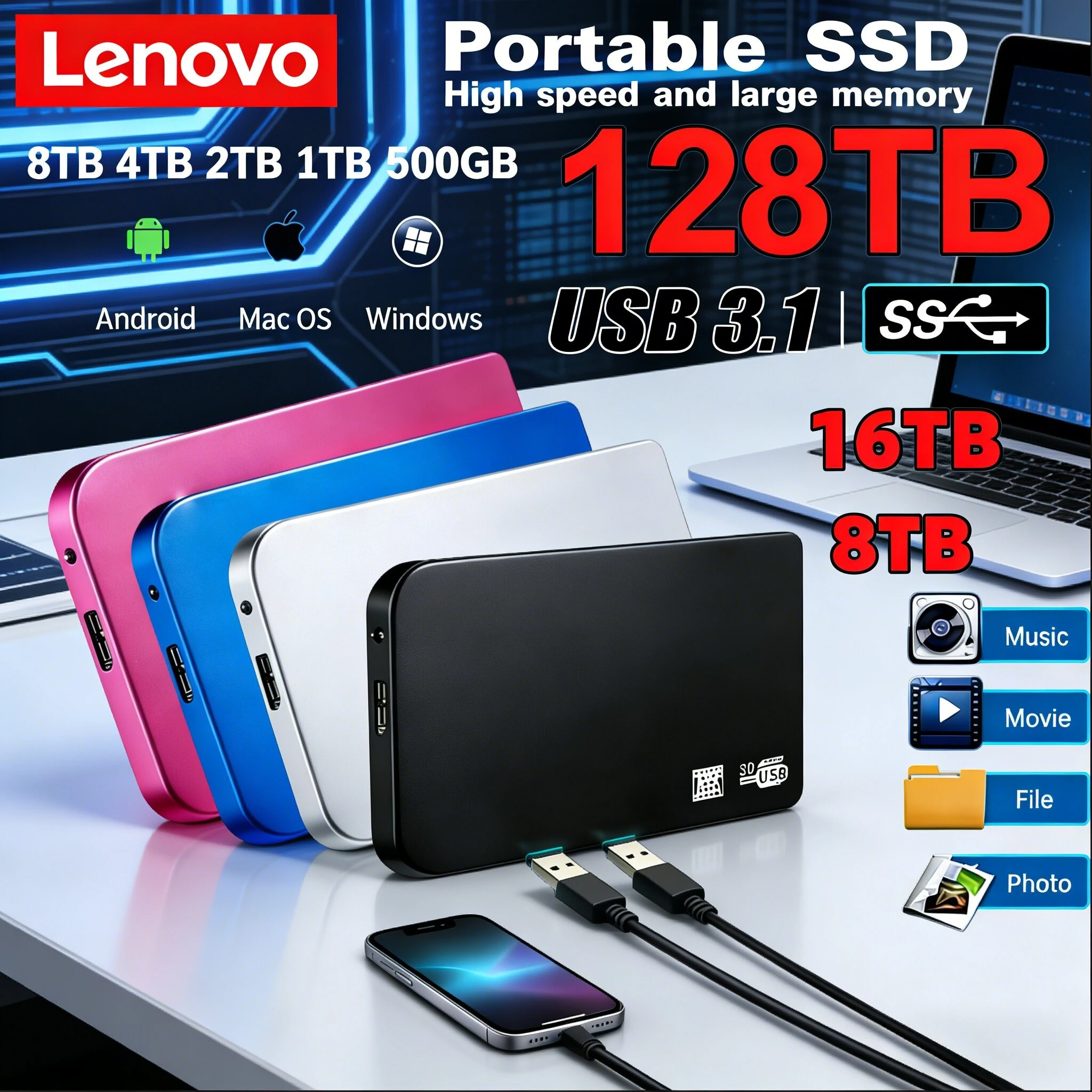 

Внешний корпус для высокоскоростного SSD-накопителя Lenovo 128 ТБ с USB 3.0, мобильный чехол для жесткого диска 8 ТБ, внешний накопитель HDD с кабелем USB 3.0, ABS-пластик