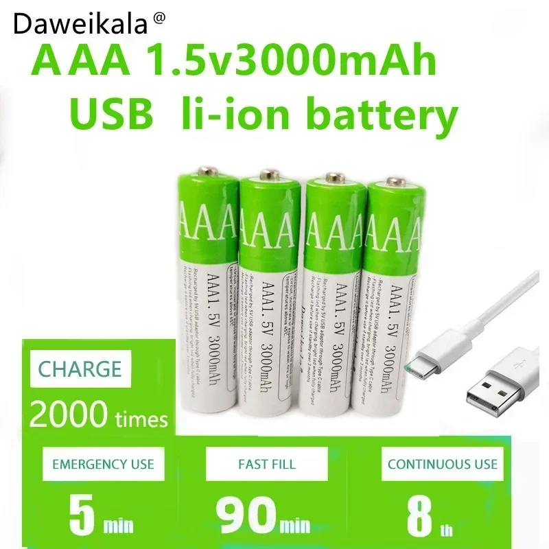 2023New USB AAA بطاريات قابلة للشحن 1.5 فولت 3000 مللي أمبير بطارية ليثيوم أيون للتحكم عن بعد ماوس بطارية لعبة كهربائية + كابل نوع C