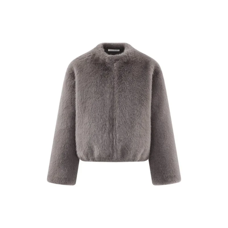 Fluffy Plush Coat Women Lady Soft Round-Neck Warm Winter Jacket with Cozy Texture Elegant Stylish Outerwear for Daily Chic Looks