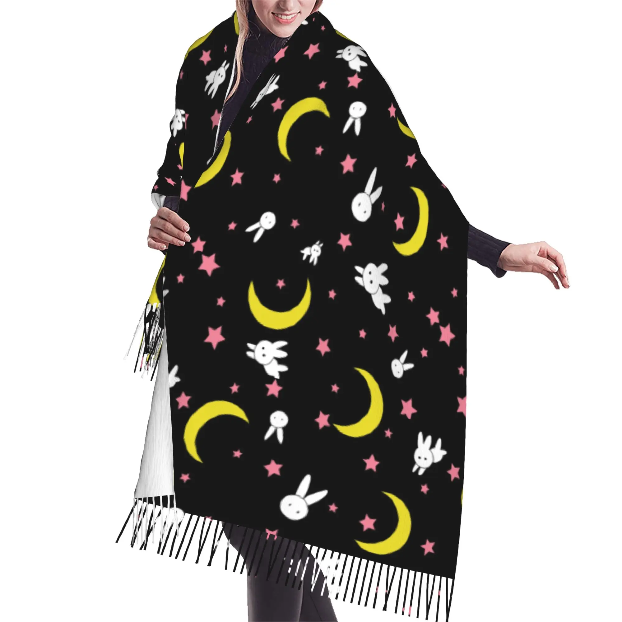 Custom Sailored Manga Anime Mooned Tassel Scarf Women Soft Usagi Tsukino Shawl Wrap Female Winter Fall Scarves