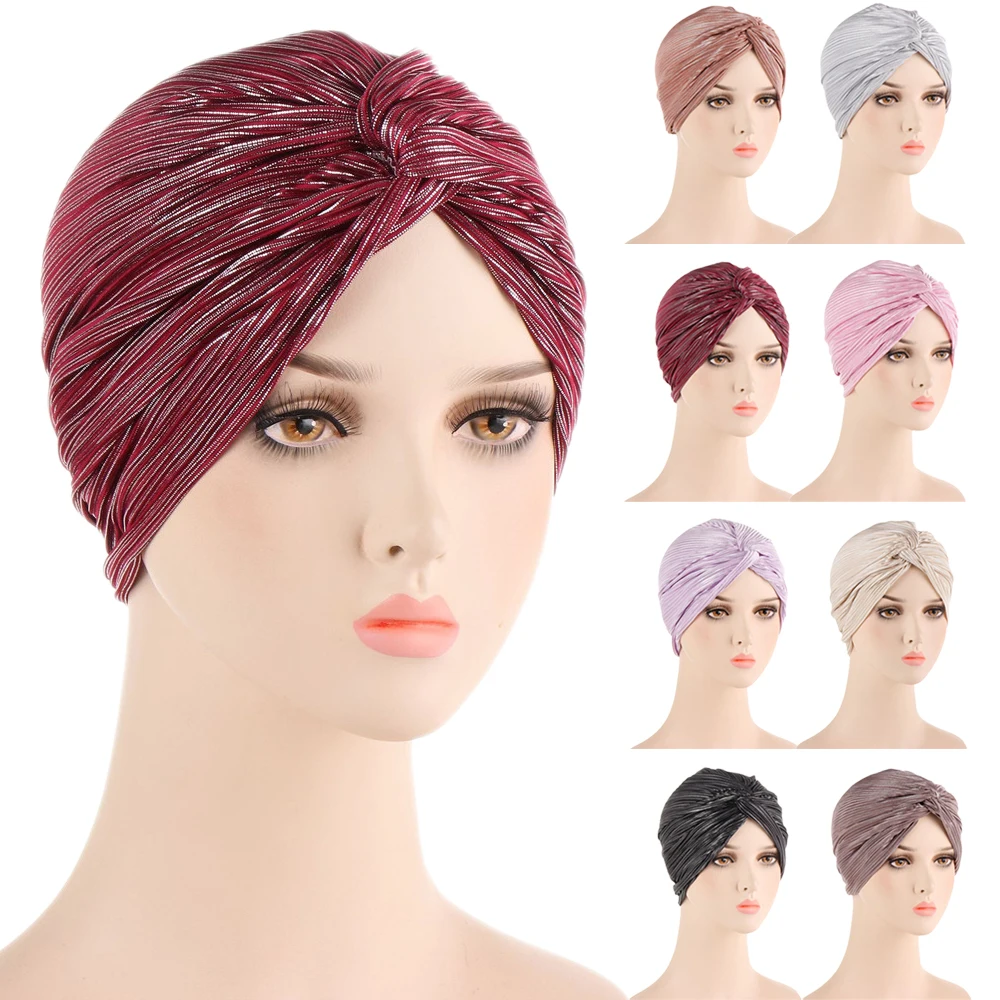 

Trendy Cotton Turban Caps Women Plain Color Glitter Muslim Hijab Scarf India African Head Wraps Turbante Mujer Headscarf Bonnet