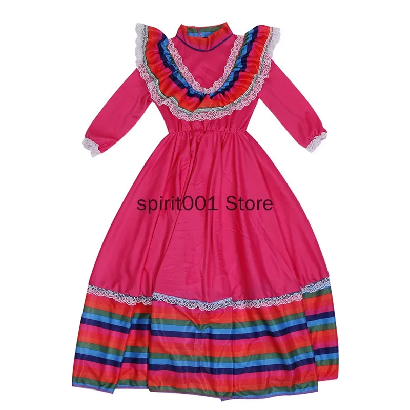 3-10 Y Girls Traditional Folk Mexican Lace Dress Guadalajara Mexico Folk Dancer Costume 3 Colors Kids Children Fancy Long Dress