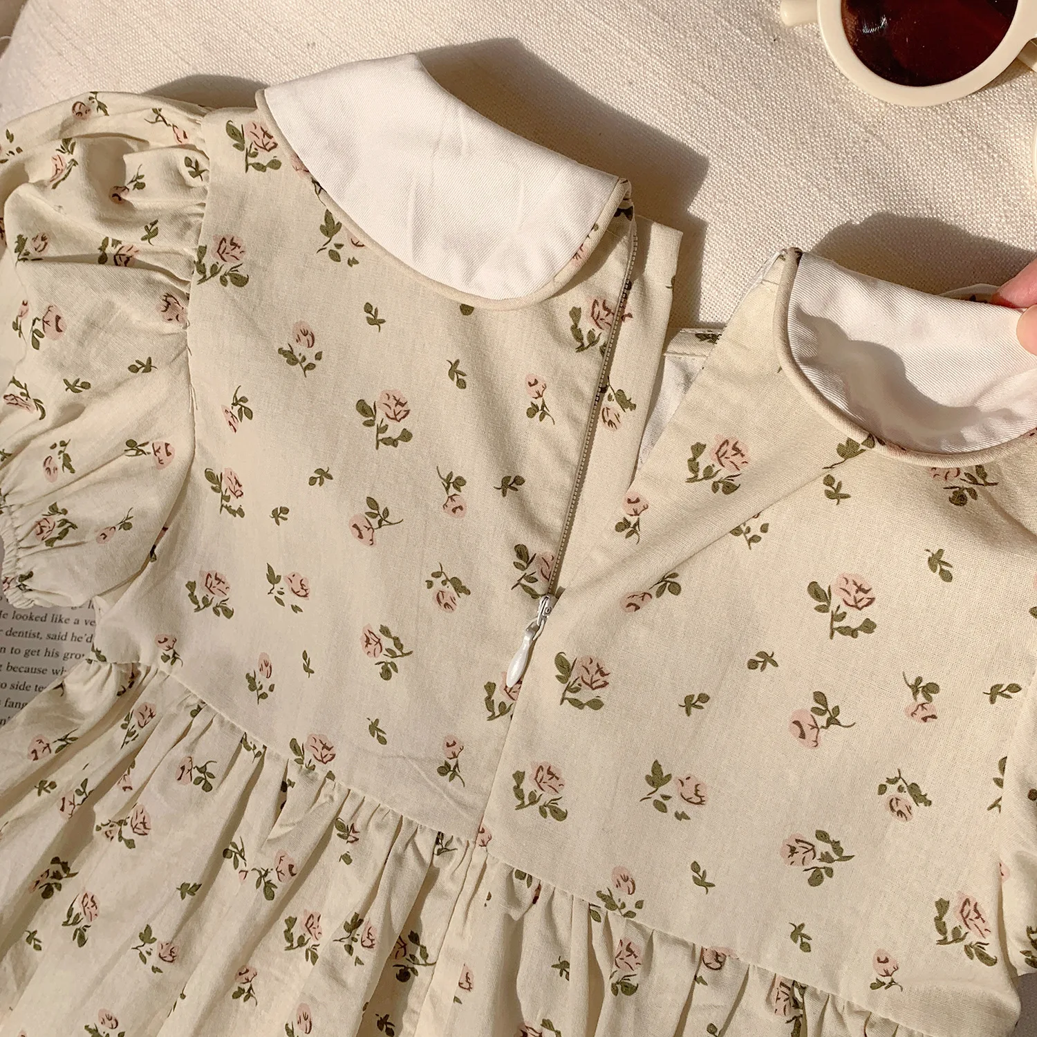 Pink Smocked Chest AreaPuff Sleeves Children Casual Skirt Kid Girl Cute Short Sleeve Dress Floral Prints White Peter Pan Collar