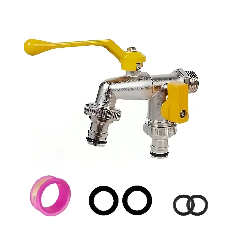 

Double outlet garden hose faucet -1/2 inch connection, ideal for watering and lawn care, compatible with sprinklers and hose gun