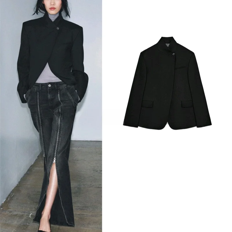 

Spring New Arrival Women's Simple High Collar Long Sve ket Trim Suit Jaet Ele Profional Sle Polyester Fiber