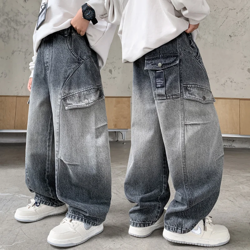 

Children y2k Retro Gradient Smoke Gray Loose Jeans For Boys New Fashion Vintage Classic Denim Pants For Kids Age 5 To 14 Years