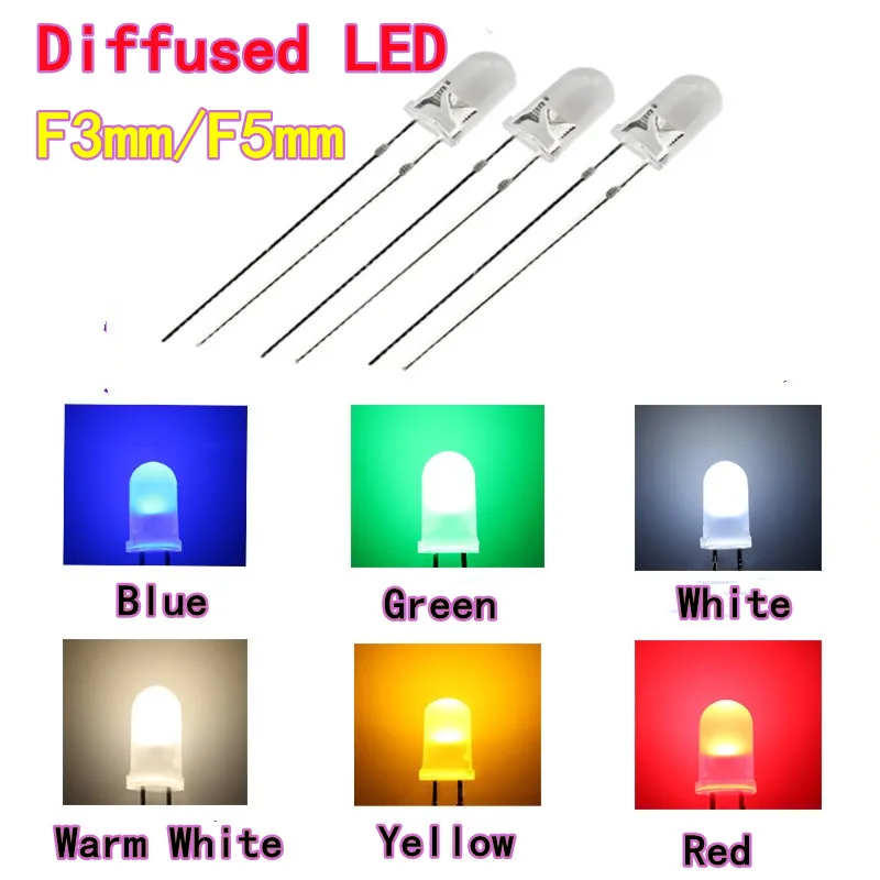 100PCS High Brightness Diffused LED Lamp Beads, F3mm / F5mm Through Hole LEDs, Red / Blue / Green / White / Warm White