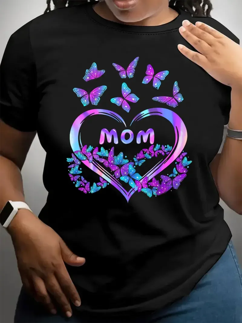 Mom & Butterfly Print T-Shirt Casual Crew Neck Short Sleeve Top Summer Women's Clothing casual black short sleeved printed top