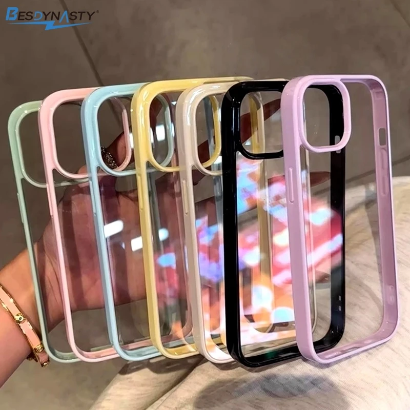 Luxury Candy Color Frame Transparent Case For iPhone 17 Air 11 12 13 14 15 16 Pro Max Plus Clear Acrylic Bumper Back Cases Cover