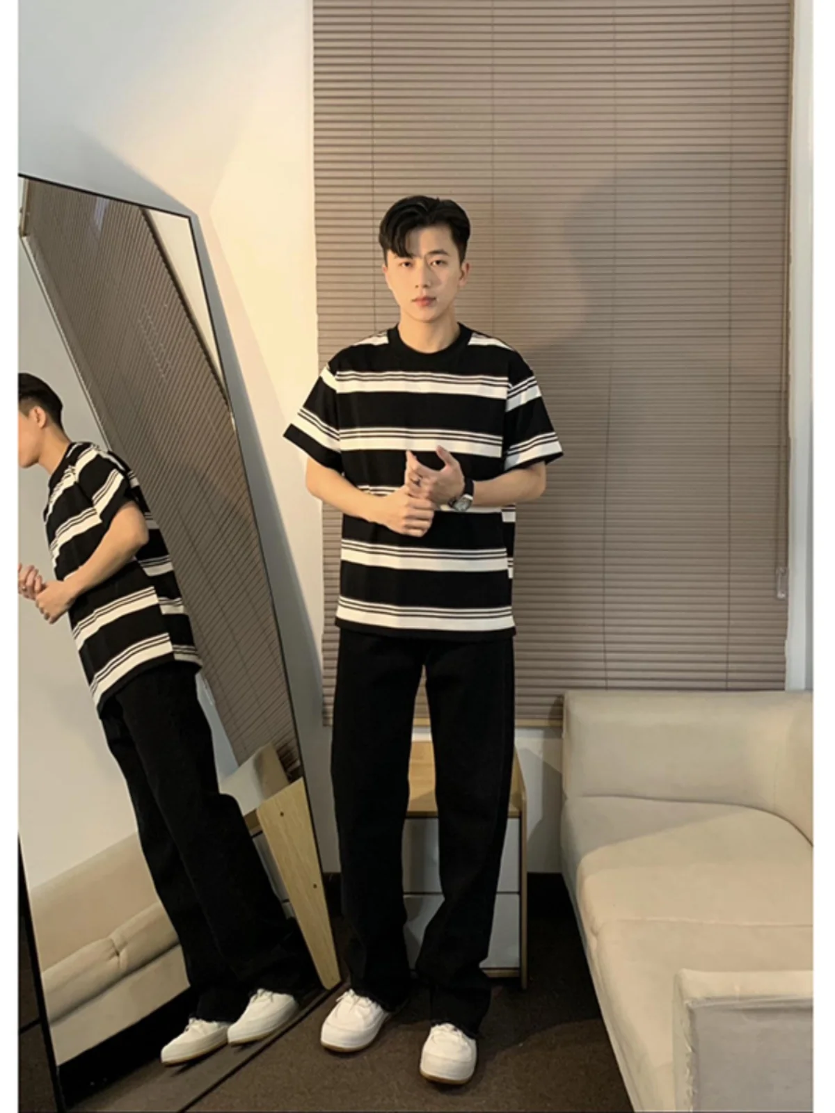 

Pure Bla Spicy Thin Men's Jeans Summer High Waist Straight Leg Pants American High Street Sle Wear Resistant Casual Jeans