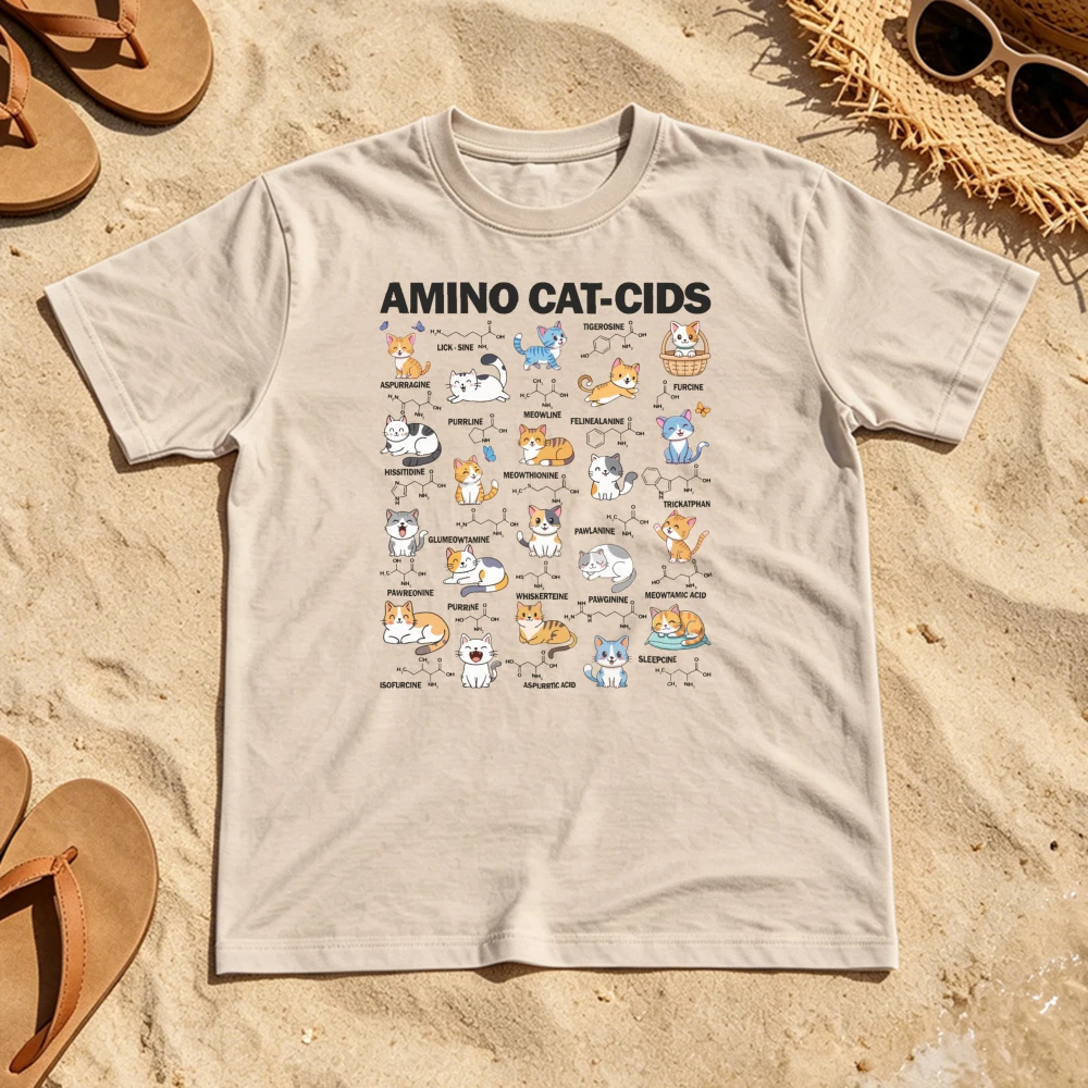 AMINO CAT-CIDS Cartoon Cat Chemistry Tshirt Unisex Cotton Short Sleeve Science Lover Cute Animal Print Casual Tee Y2k Top
