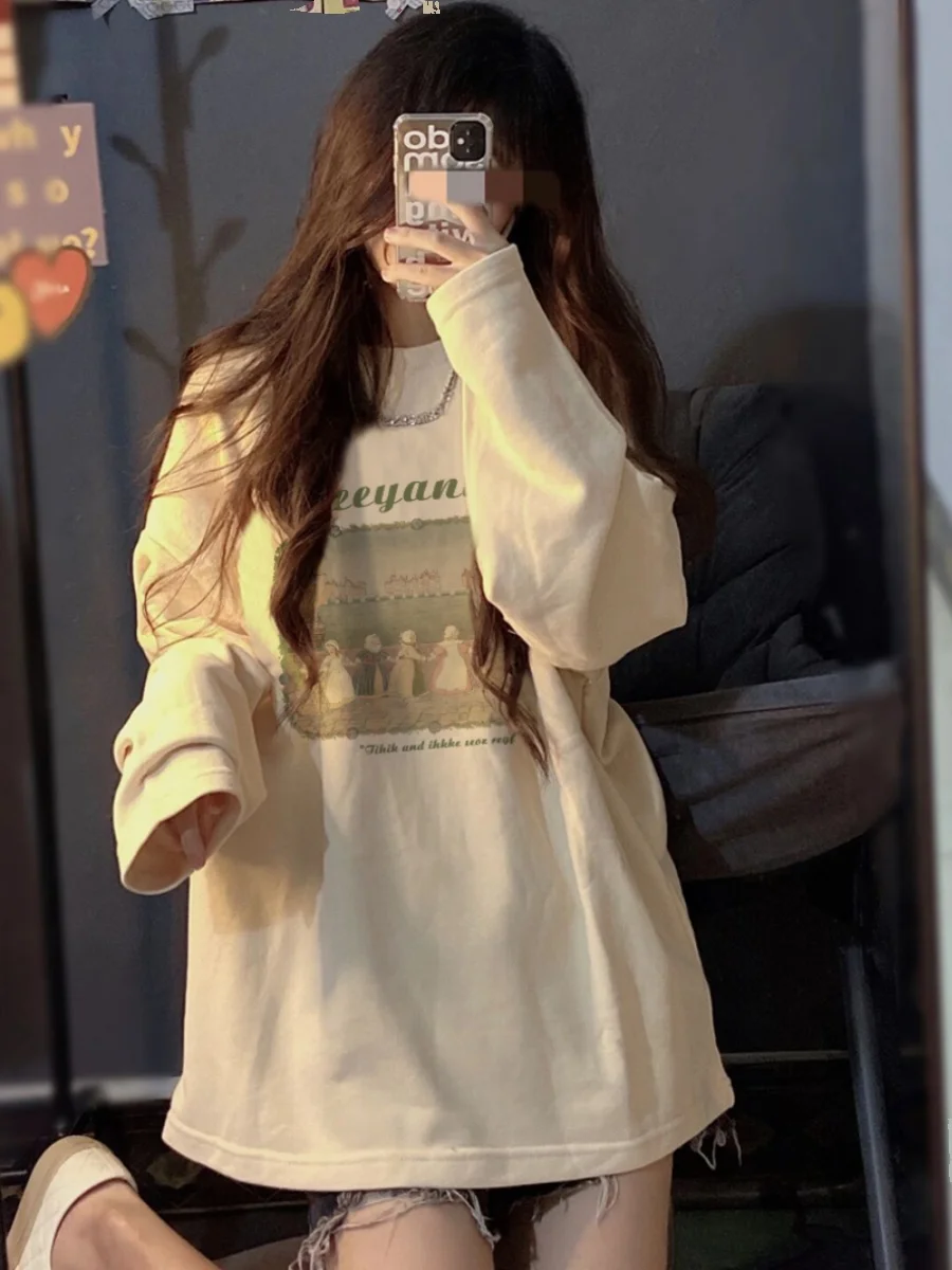 Retro Lazy Chic Apricot Long sleeves Shirt Women Autumn New  Cotton Inner wear Loose Bottoming Shirt Top