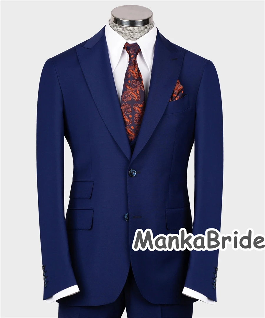 Trajes Elegante Para Hombres pria biru setelan untuk pernikahan pria Blazer rompi celana Set bisnis kantor pesta kostum Homme