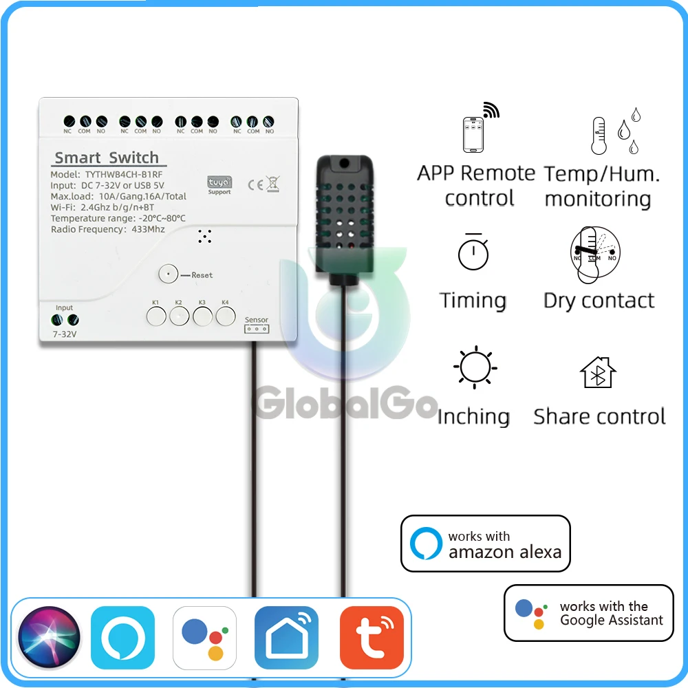 

WiFi 4 Channel Smart Switch With Temperature Humidity Sensor Passive Dry Contact DC 7-32V/AC 85-250V Work With Tuya