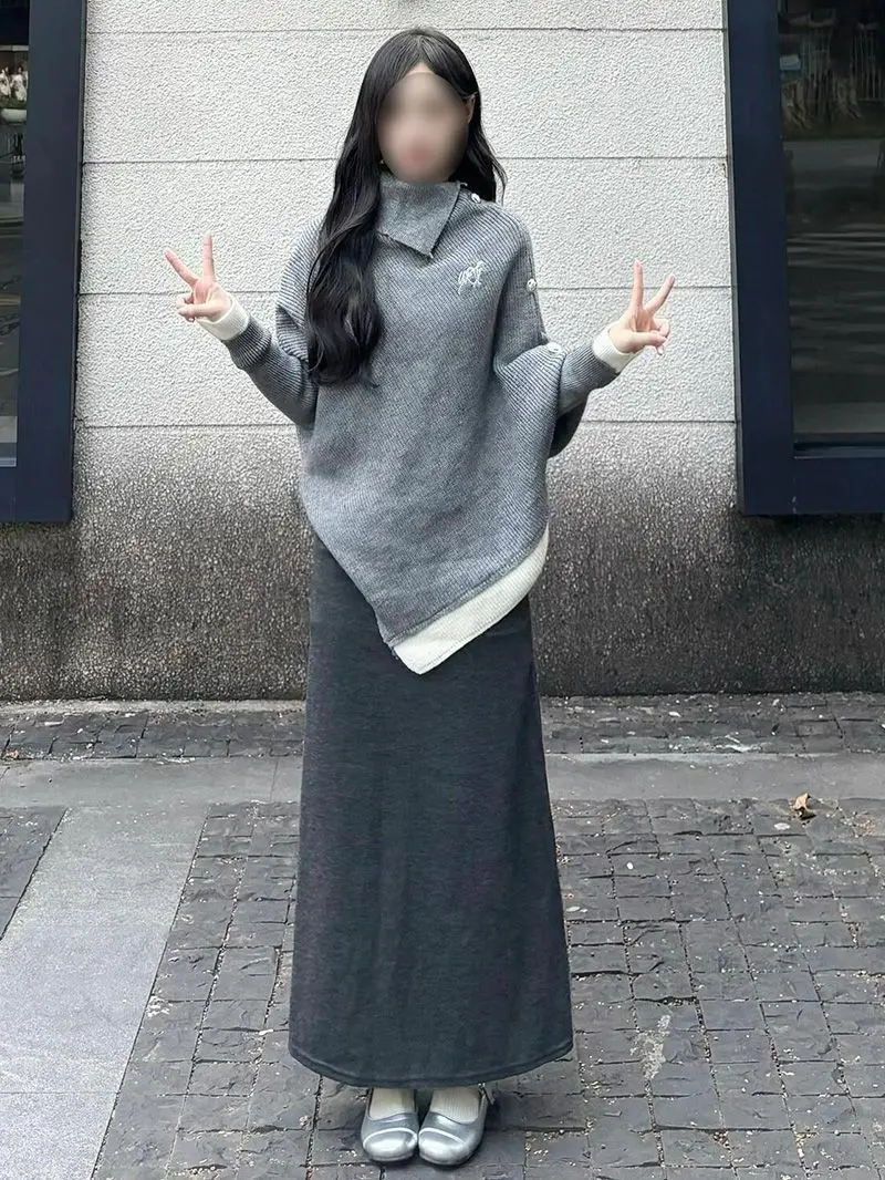 

Свободный корейский дизайн, трикотаж, женский осенне-зимний ленивый асимметричный свитер с юбкой Fi Tail, комплект из двух предметов