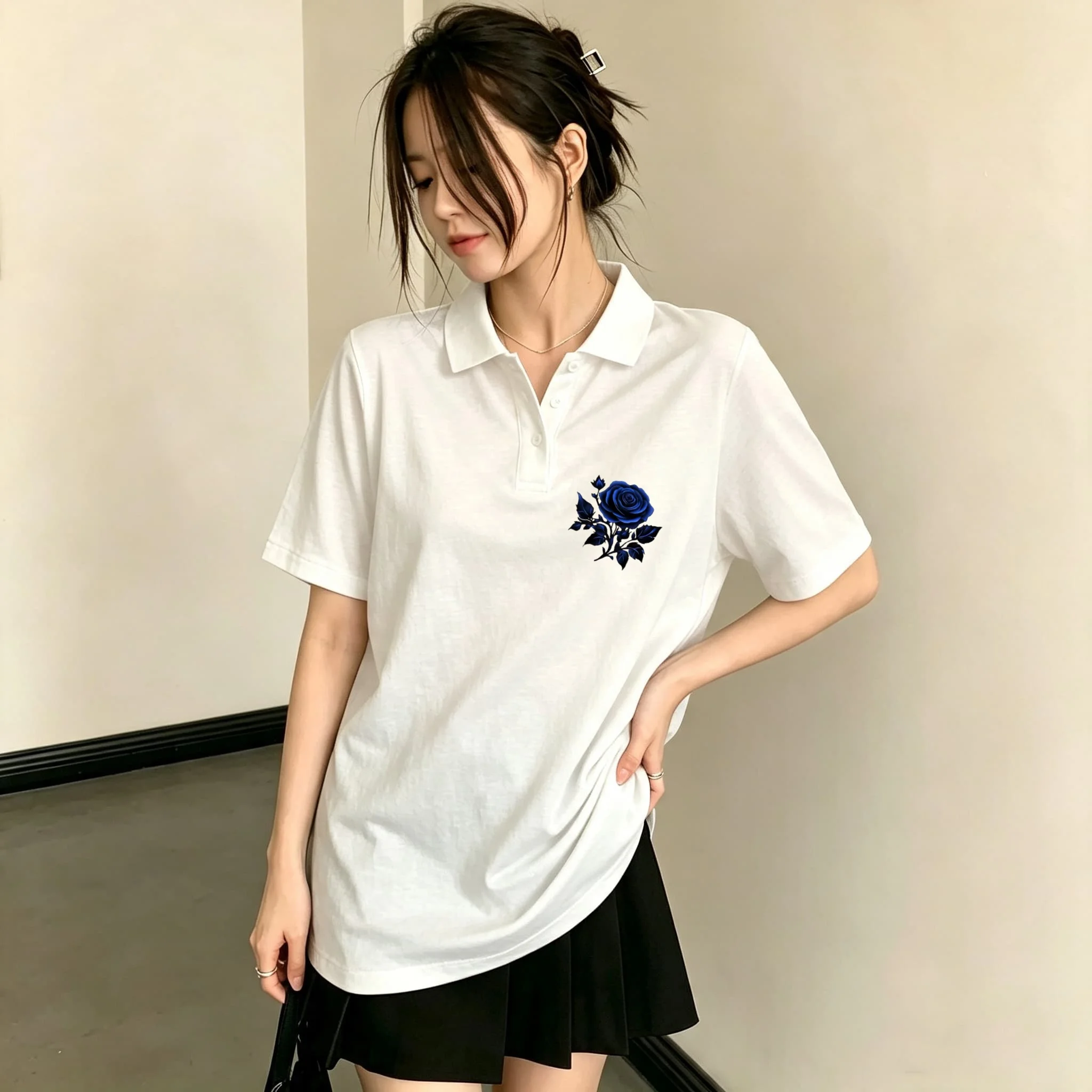 Women's White Lapel Collar Polo Shirt Dark Blue Rose Floral Graphic Loose Fit Short Sleeve Breathable Summer Casual Top