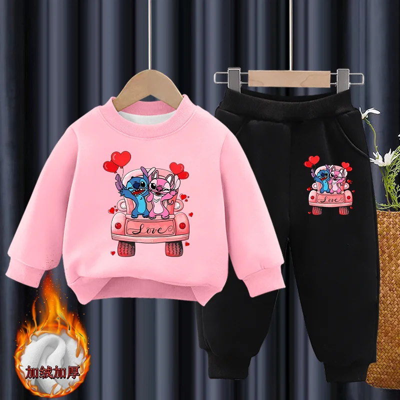 Disney Stitch Print Long-sleeved Loose Clothes Suits Anime Autumn Winter O-neck Pullover Crewneck Warm Childrens Sweatshirt Set