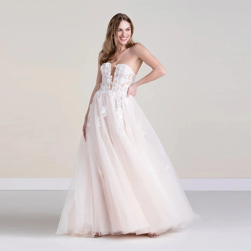 Boho Strapless A-Line Wedding Dresses Beach High Split Bridal Dress Sleeveless Appliques Lace Customized Bridal Gowns