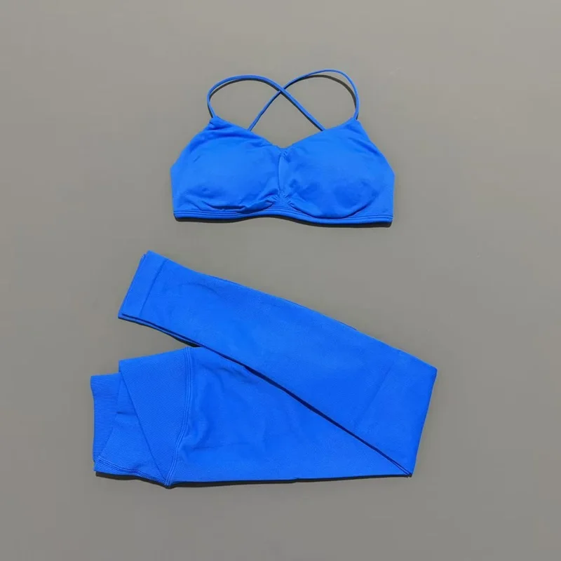 2-teiliges HISTELLO Vision Fitness-Set Nahtloser Cross-Back-BH und Tiefsitzende Rüschen-Leggings Schnelltrocknende Sport-Trainingssets – Detail 13