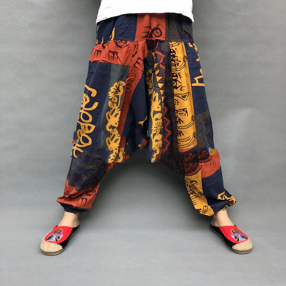 

Men's Summer Retro Casual Harem Ethnic Printing Large Crotch Loose Pants Hip Hop Teenager Boy Streetwear Performance Trouser