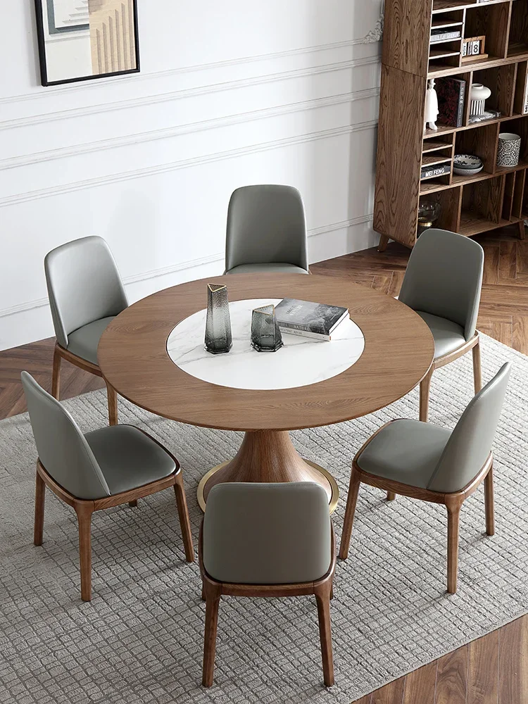 Italian light extravagant solid wood round dining tables and chairs modern simple rock plate turntable household round table