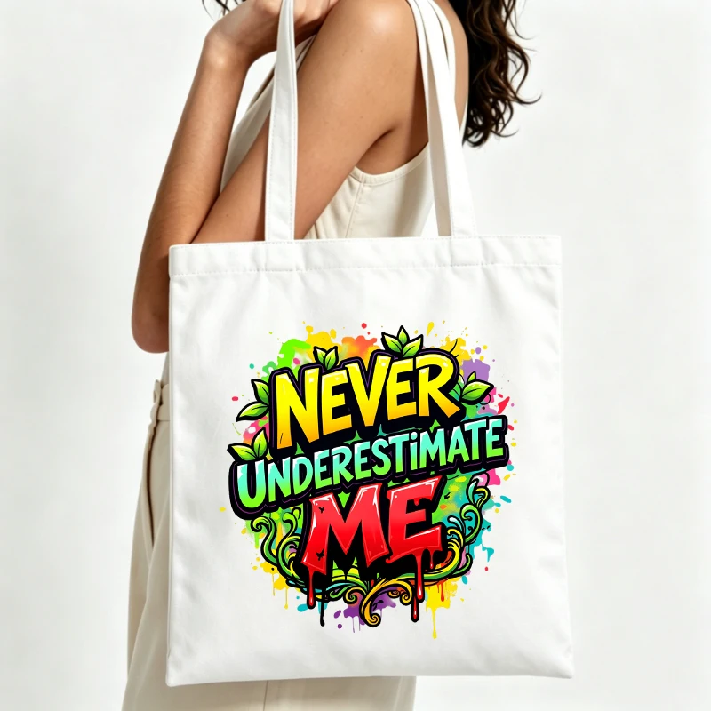slogan-style graphic canvas tote bag with colorful splatter design, perfect for casual daily use and street-style outings