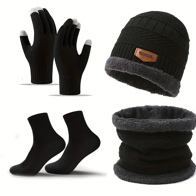 Conjunto de Inverno Masculino: Cachecol Quente, Luvas e Gorro (4 Peças), Cachecol Protetor para Exterior, Gorro de Malha Sky