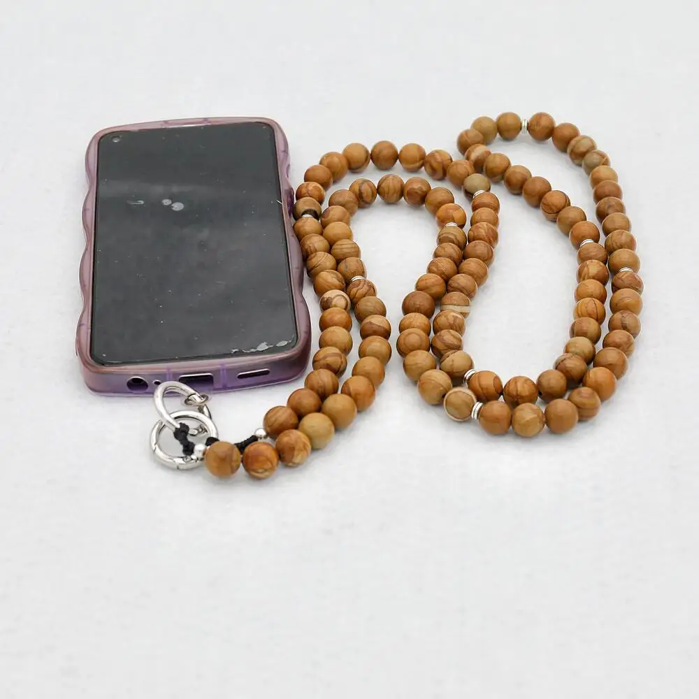 120CM Wood Grain Beads Pendant Necklace Vintage Phone Chain Mobile Phone Lanyard Bag Chain Cell Phone Strap Hanger Accessories