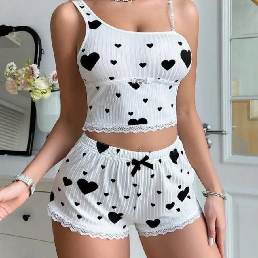 Heart Print Sleepwear Set European And American Breathable Sleepwear Set Cami Pajama Set Pearl Strap For Daily Relaxation Quick