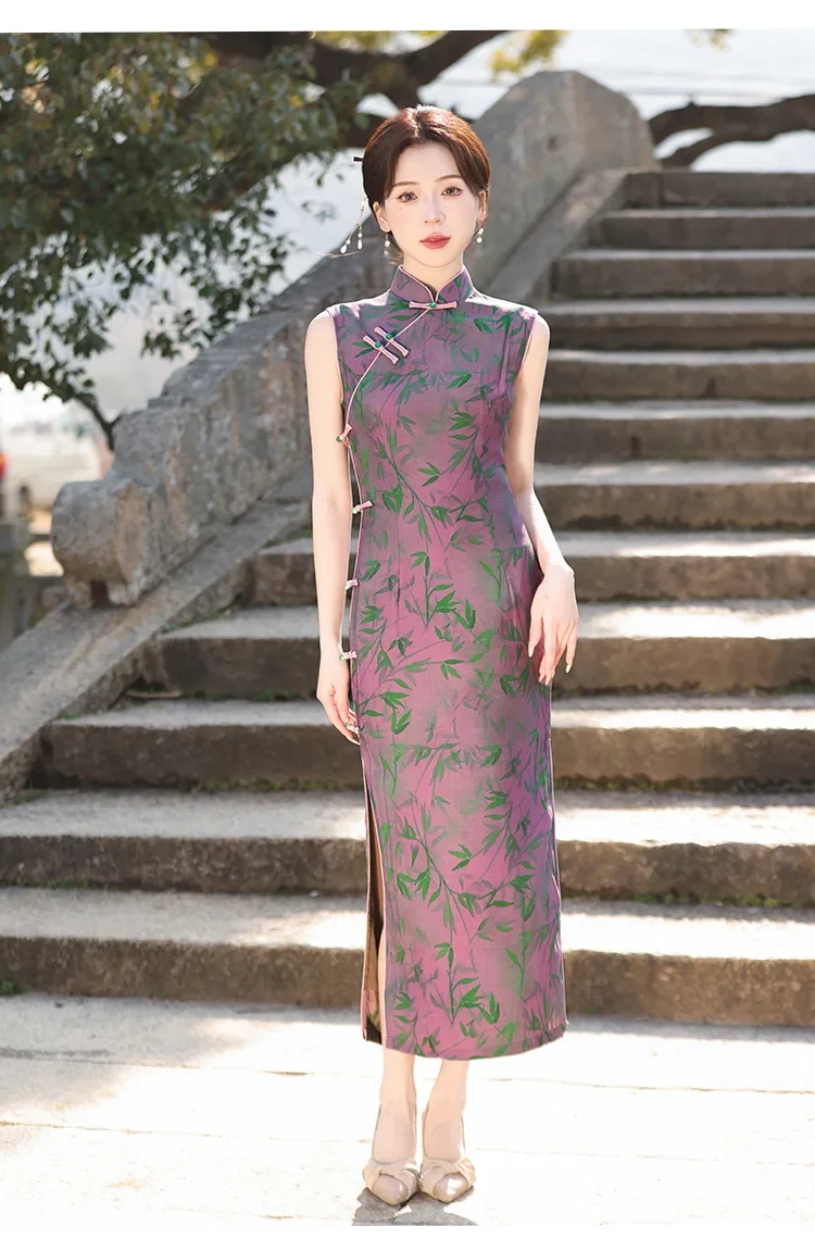 

Summer New Satin Print Double-layer Printing Mid-length Sleeveless Cheongsam Retro Improved Qipao for Young Girls