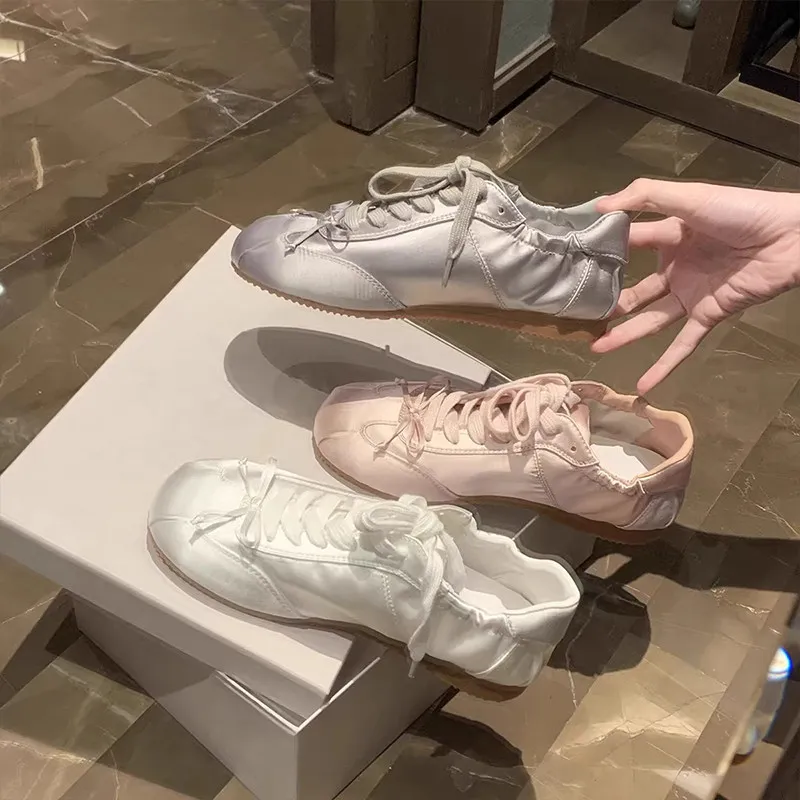 

2026 New Women's Lace Up Soft Leather Casual Shoes Silver Round Toe Satin Bow Ballet Style Daily Walking Sneakers