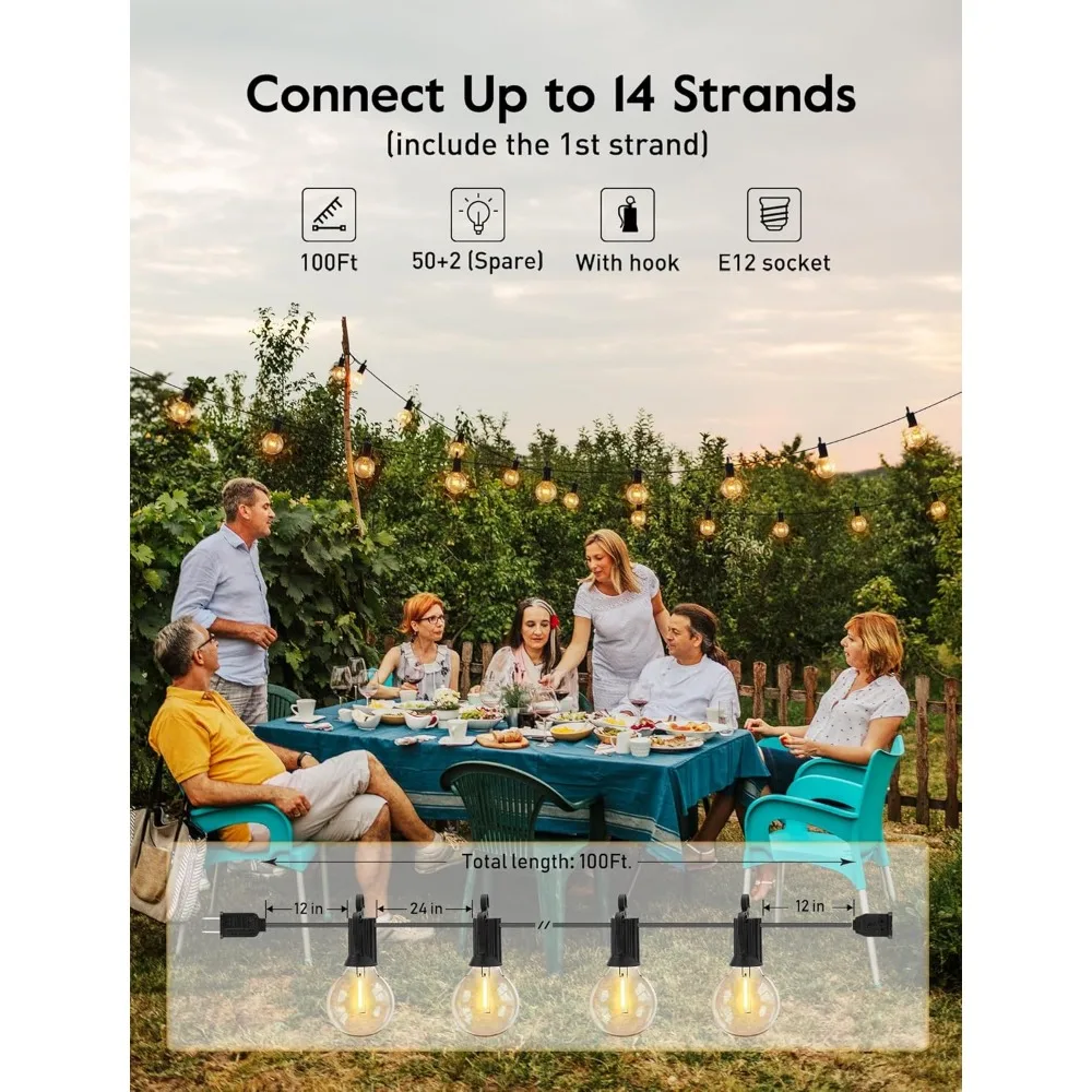 100フィート防水LED屋外ストリングライト、52個の割れないエジソン電球付き、スペア2個付き、パティオ使用用にUL認証済み